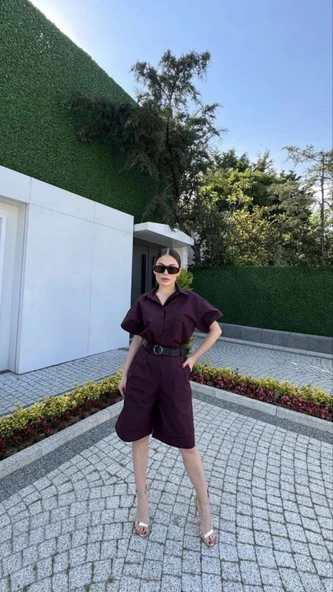 Yakalı Gömlek Kemerli Şortlu Takım - Bordo ürün görseli 1