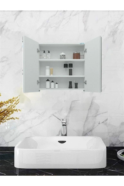 2 Kapaklı, 2 Aynalı Moda Banyo Lavabo Dolabı, Aynalı Üst Dolabı Beyaz ürün görseli 1