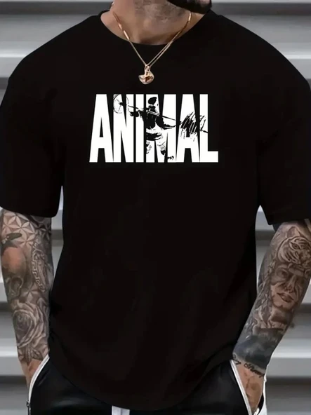 ANIMAL Desen Baskı Erkek Oversive Tişört, Grafik Tişört Erkek Yazlık Outdoor Kıyafetleri, Sporda Ve Günlük Giyime Uygun  - Siyah ürün görseli 1