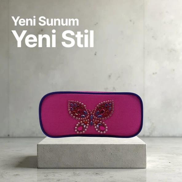 Style Kabartmalı Kelebek Desenli Pembe Kumaş Kalem Çantası ürün görseli 1