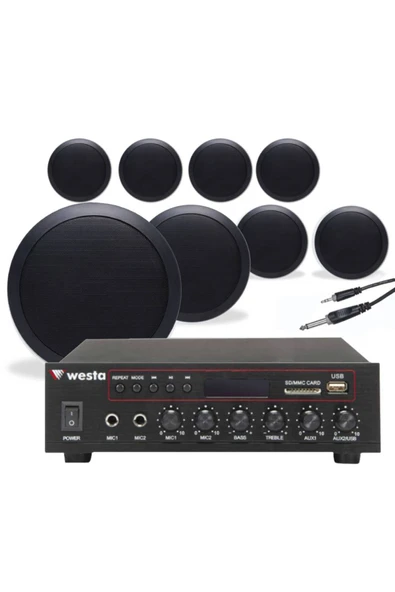 Westa 8’li Siyah Tavan Hoparlorlu 100V Ses Sistemi Paketi | Kafe, Mağaza ve Ofis Müzik Sistemi ürün görseli 1