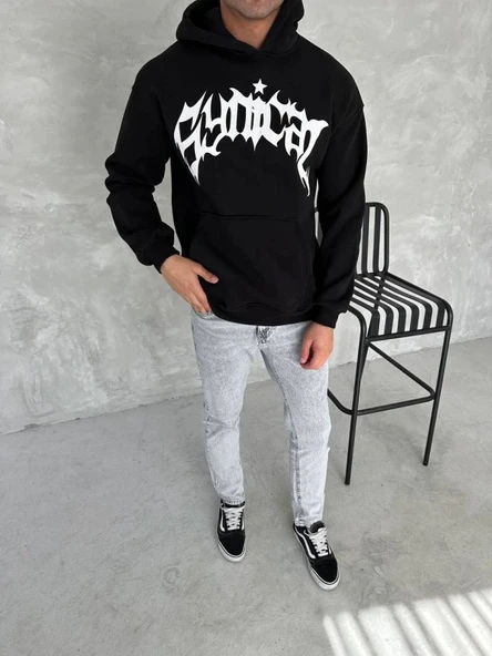 Unisex Üç İplik Kapşonlu Baskılı SweatShirt - Siyah ürün görseli 1