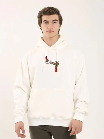 Unisex Baskılı Oversize Üç İplik Kapüşonlu Sweatshirt - Beyaz ürün görseli 1