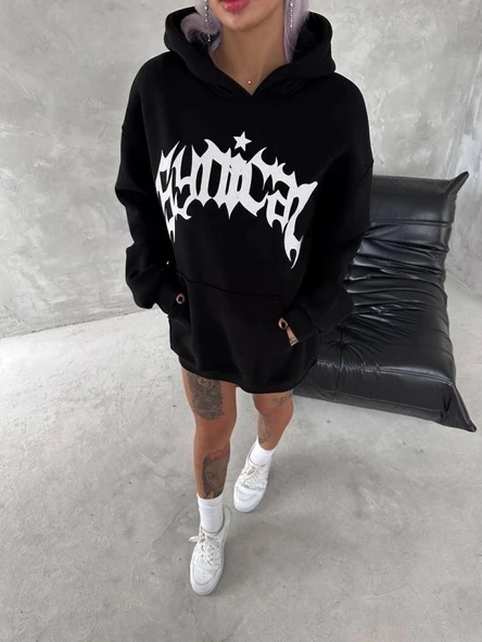 Unisex Üç İplik Kapşonlu Baskılı SweatShirt - Siyah ürün görseli 1