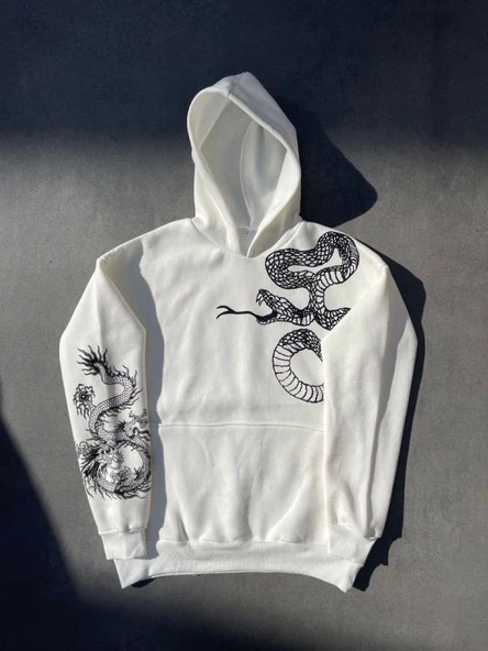 Uzun Kol Kapşonlu Baskılı SweatShirt - Beyaz ürün görseli 1