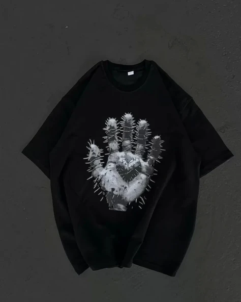 Unisex Bisiklet Yaka Baskılı Oversize T-Shirt - Siyah ürün görseli 1