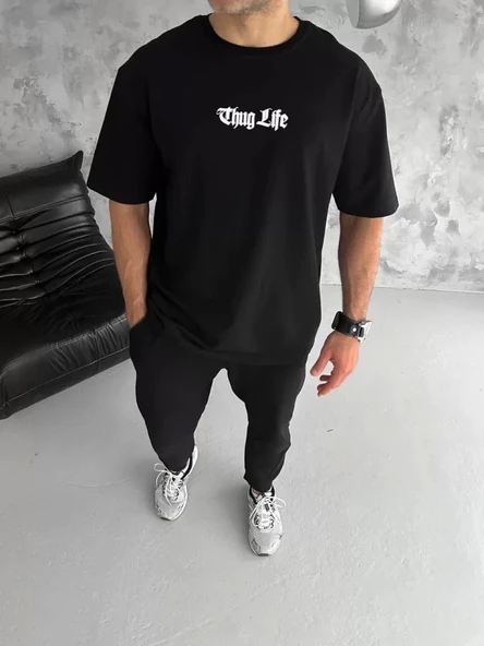 Unisex Bisiklet Yaka Baskılı Oversize T-Shirt - Siyah ürün görseli 1
