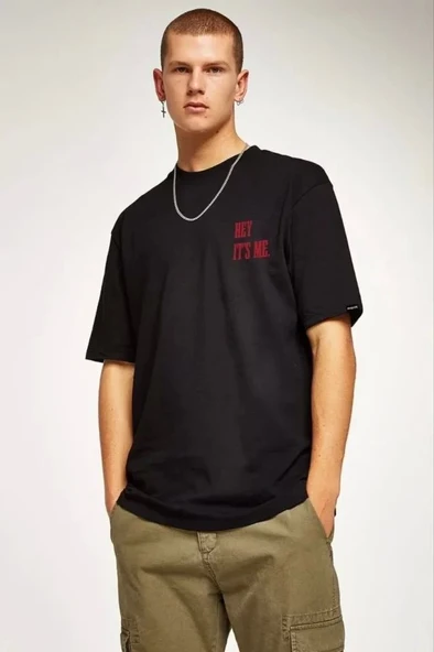 Unisex Bisiklet Yaka Oversize Baskılı T-Shirt - Siyah ürün görseli 1