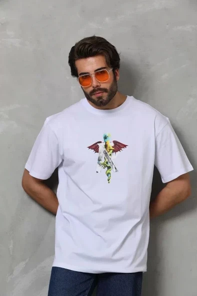 Unisex Bisiklet Yaka Baskılı Oversize T-Shirt - Beyaz ürün görseli 1