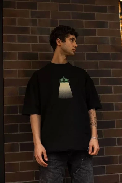 Unisex Bisiklet Yaka Baskılı Oversize T-Shirt - Siyah ürün görseli 1