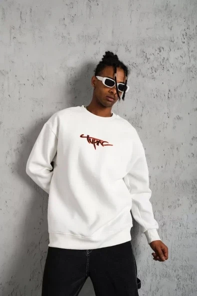 Erkek 3 İplik Gangster Baskılı Sweatshirt - Beyaz ürün görseli 1