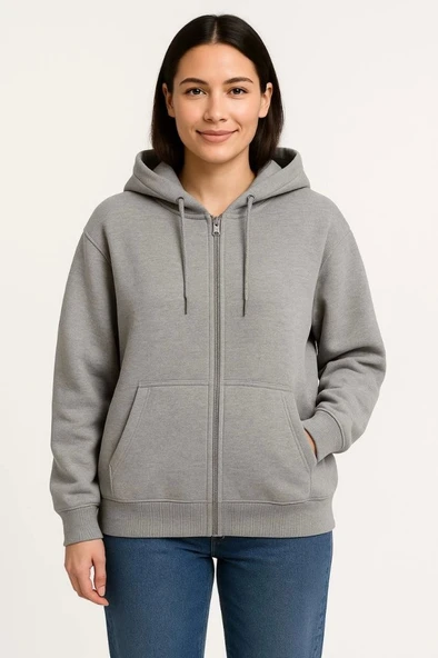 Üç İplik Kapüşonlu Tam Fermuarlı Kanguru Çepli SweatShirt Hoodie - Gri ürün görseli 1
