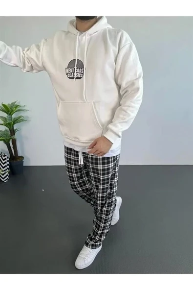 Erkek Baskılı Üç İplik Kapüşonlu Oversize Sweatshirt - Beyaz ürün görseli 1