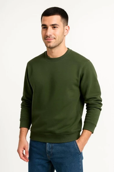 Erkek Üç İplik Düz Bisiklet Yaka SweatShirt - Haki ürün görseli 1