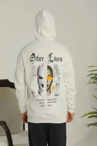 Erkek Sırt Baskılı Oversize Üç İplik Kapüşonlu Sweatshirt - Beyaz ürün görseli 1
