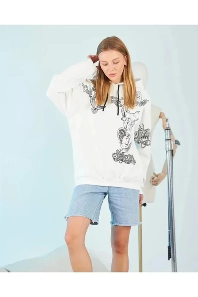 Kapüşonlu Strong Heykel Baskılı Sweatshirt - Beyaz ürün görseli 1