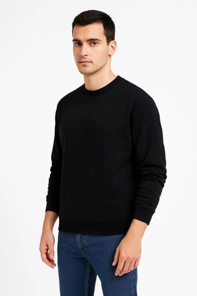 Erkek Üç İplik Düz Bisiklet Yaka SweatShirt - Siyah ürün görseli 1
