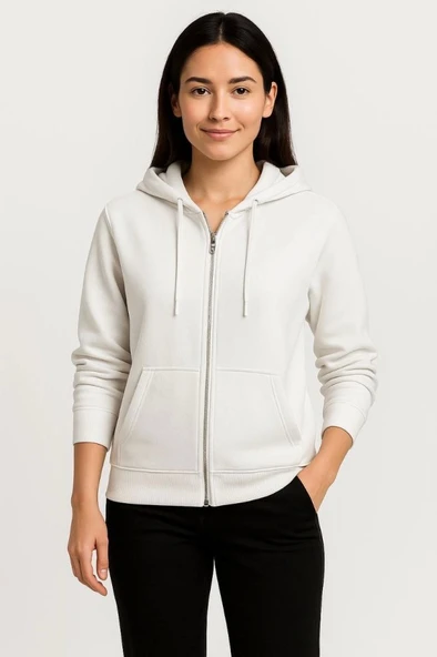 Üç İplik Kapüşonlu Tam Fermuarlı Kanguru Çepli SweatShirt Hoodie - Beyaz ürün görseli 1