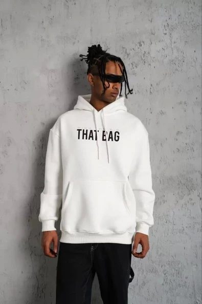 Erkek Kanguru Cep Baskılı Kapüşonlu Sweatshirt - Beyaz ürün görseli 1