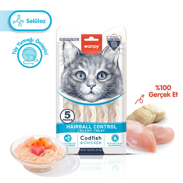 Wanpy Hairball Control Morina balığı&Tavuk 5x14 gr Krema Kedi Ödül Maması Skt:02/2027 ürün görseli 1