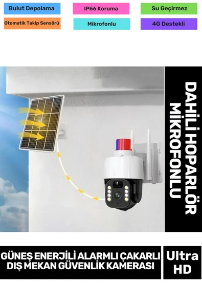 IP66 Suya Karşı Koruma Renkli Gece Görüşlü Güneş Enerjili Alarmlı Çakarlı Dış Mekan Güvenlik Kamera ürün görseli 1