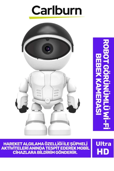 355° Yatay 45° Dikey Hareket Çift Taraflı Ses Gece Görüşü Robot Görünümlü 2.4 GHz Wi-Fi Bebek Kamera ürün görseli 1