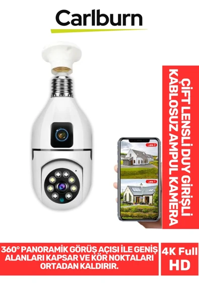 360° Panoramik Görüş 4K Full HD Çift Lensli E27 Duy Girişli 8 MP Kablosuz Ampul Kamera ürün görseli 1