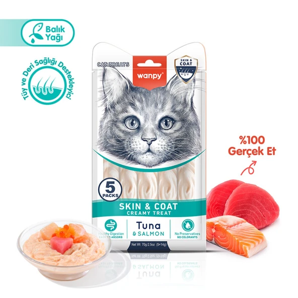Wanpy Skin&Coat Ton Balığı&Somon Krema 5x14 gr Kedi Ödül Maması Skt:02/2027 ürün görseli 1
