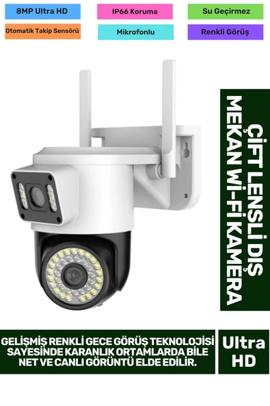 8MP Ultra HD 355° Yatay 90° Dikey Çift Lensli Otomatik Takip Dış Mekan Wi-Fi Mobil İzlenen Kamera ürün görseli 1