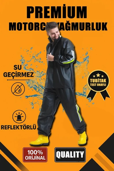 Premium Motorcu Kurye Yağmurluk Takım Su Geçirmez PVC Kumaş Reflektörlü TÜBİTAK Onaylı - Siyah ürün görseli 1