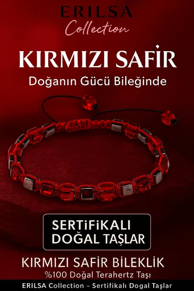 Sertifikalı 8mm Küp Kesim Terahertz - Kırmızı Safir Doğal Taş Bileklik - Kadın Erkek Şık Tasarım ürün görseli 1