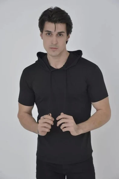 Erkek Kapşonlu Slim Fit T-shirt - Siyah ürün görseli 1