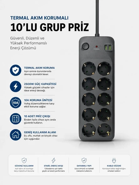 Termal Akım Korumalı Usb Type-c Girişli 10'lu Grup Priz 2500w Güç Kapasitesi (kopya) ürün görseli 1