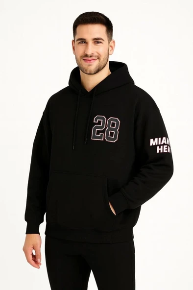 Üç İplik Kapüşonlu Ön Ve Arka Baskılı SweatShirt Hoodie - Siyah ürün görseli 1