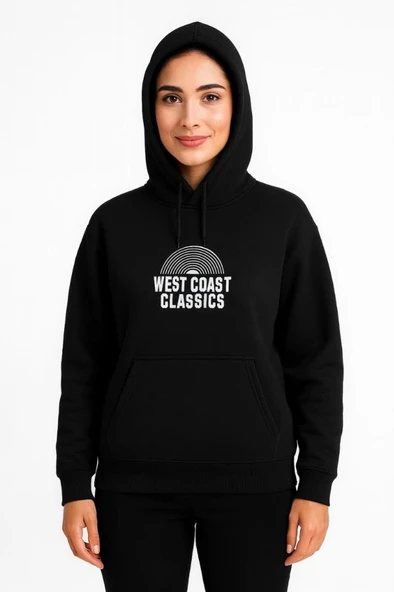 Üç İplik Kapüşonlu Ön Ve Arka Baskılı SweatShirt Hoodie - Siyah ürün görseli 1