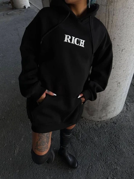 Uzun Kol Kapşonlu Göğüs Baskılı SweatShirt - Siyah ürün görseli 1