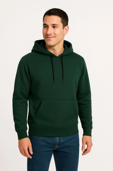 Erkek Üç İplik Kapüşonlu Kanguru Cepli SweatShirt Hoodie - Haki ürün görseli 1