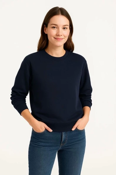 Üç İplik Düz Bisiklet Yaka SweatShirt - Lacivert ürün görseli 1