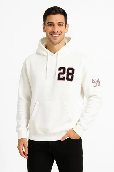 Üç İplik Kapüşonlu Ön Ve Arka Baskılı SweatShirt Hoodie - Beyaz ürün görseli 1