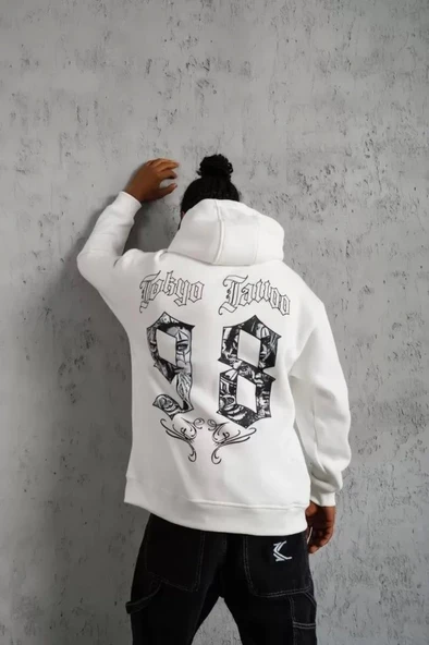 Erkek 98 Baskılı Kapşonlu Sweat - Beyaz - Resim 3