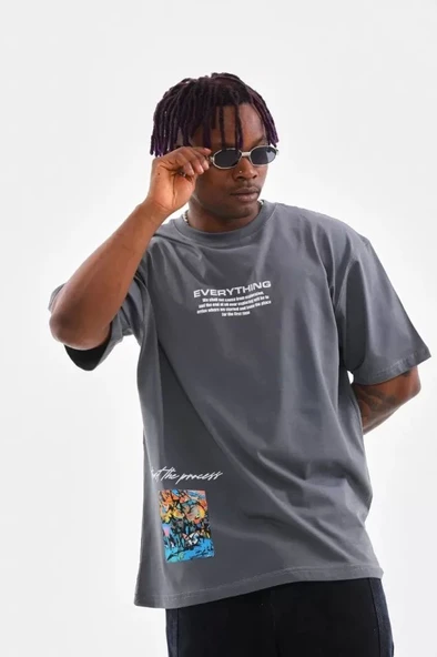Unisex Bisiklet Yaka Baskılı Oversize T-Shirt - Gri ürün görseli 1