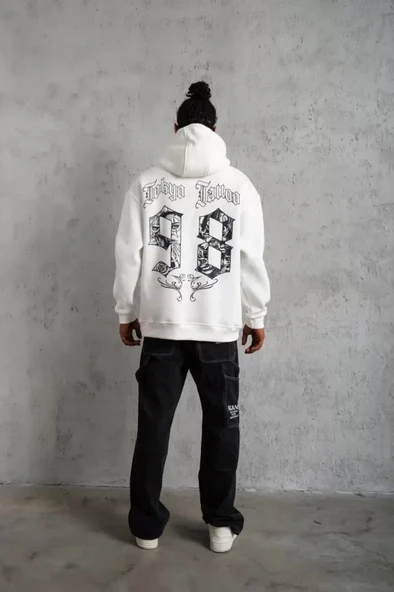Erkek 98 Baskılı Kapşonlu Sweat - Beyaz - Resim 4