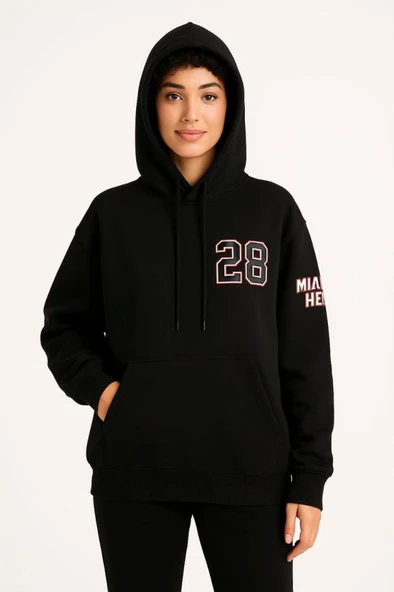 Üç İplik Kapüşonlu Ön Ve Arka Baskılı SweatShirt Hoodie - Siyah ürün görseli 1