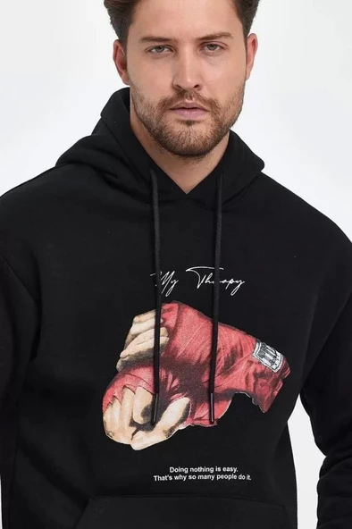 Unisex Kapüşonlu Üç İplik Oversize Baskılı Sweatshirt - Siyah ürün görseli 1
