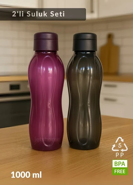 2’li PP-5 Su Şişesi Seti – 1000 ml Sızdırmaz Matara, BPA Free, Ev-İş-Spor İçin Siyah-Mürdüm ürün görseli 1