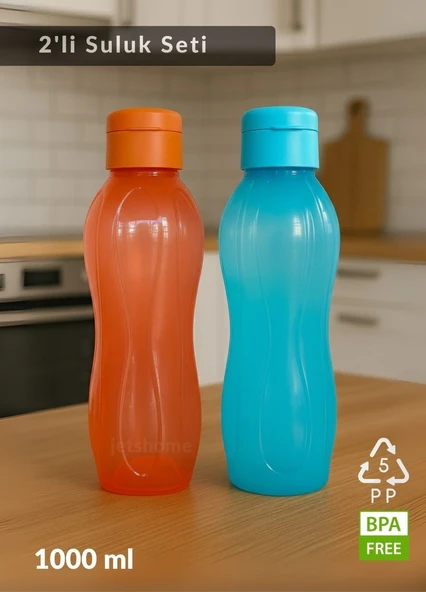 2’li PP-5 Su Şişesi Seti – 1000 ml Sızdırmaz Matara, BPA Free, Ev-İş-Spor İçin Mavi-Turuncu ürün görseli 1