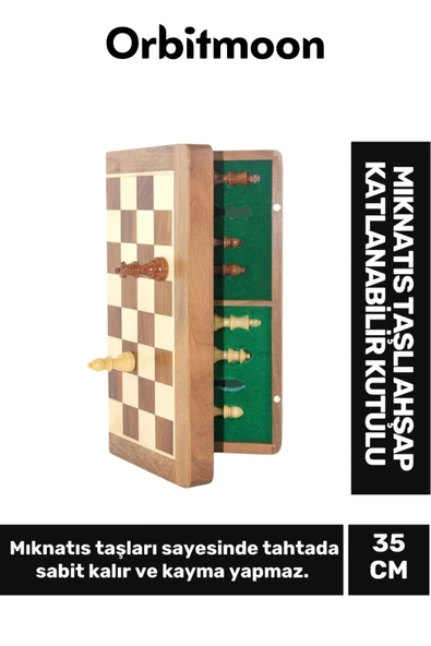 Premium Seri Ahşap Dekoratif Strateji Zeka Mıknatıs Taşlı Katlanabilir Kutulu Satranç Oyunu 35 Cm ürün görseli 1