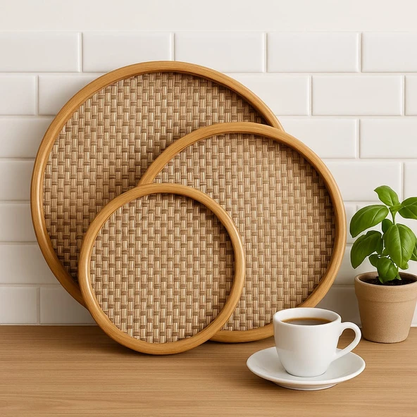 Dekorasyaa Yuvarlak Bambu Tepsi 3'lü Set - 25x30x35 ürün görseli 1