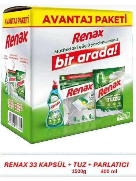 Renax Avantajlı Paket 3 lü Set Bulaşık Makinesi Kapsülü 33 Lü Tuzu 1,5 Kg Parlatıcı 400 Ml ürün görseli 1