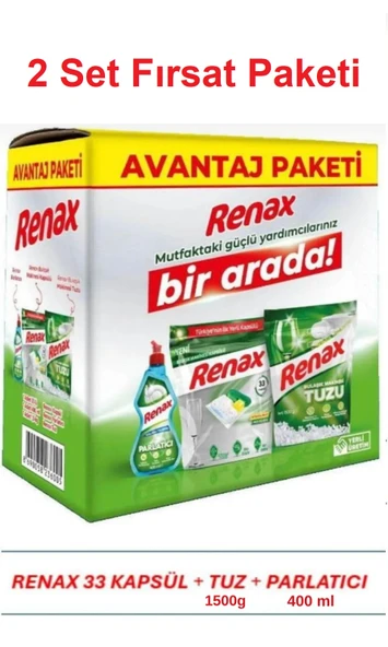 Renax Avantajlı Paket 3 lü Set Bulaşık Makinesi Kapsülü 33 Lü Tuzu 1,5 Kg Parlatıcı 400 Ml x 2 Set ürün görseli 1